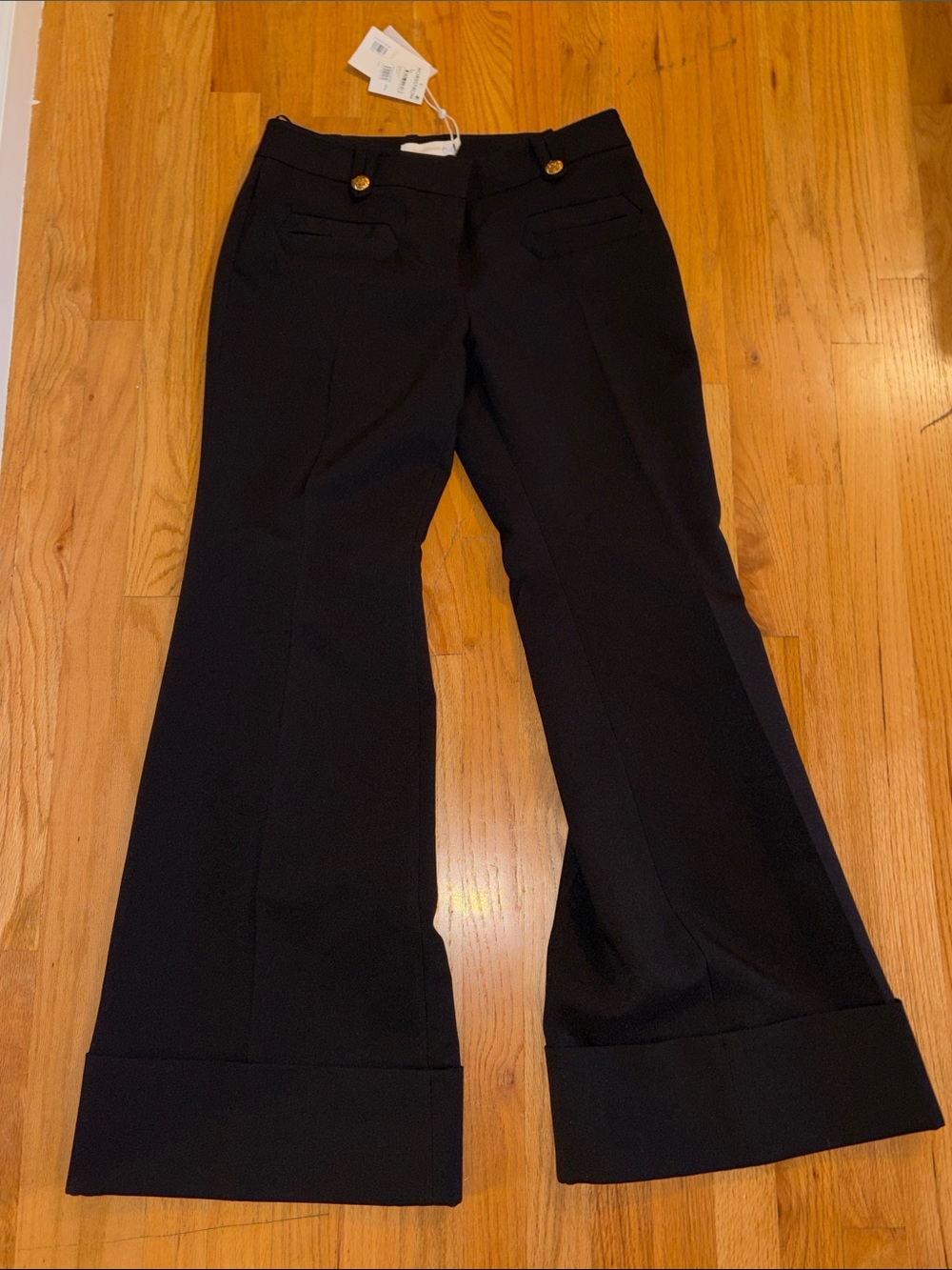 Zimmermann Black Rebellion Low-Rise Flare Pant with Gold Buttons, Size 2